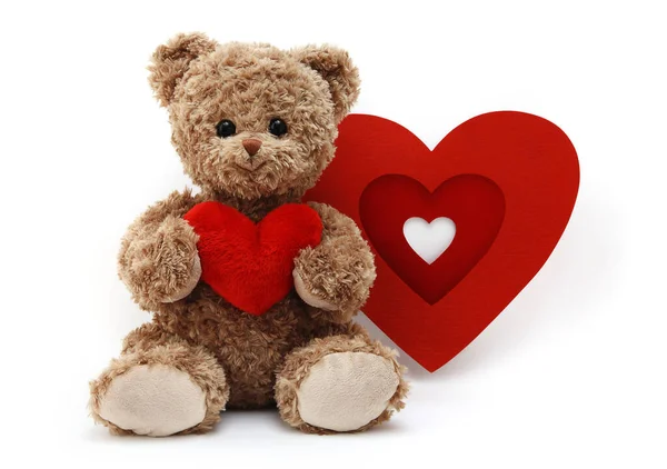 Ursinho Pelúcia Com Coração Vermelho Isolado Fundo Branco — Fotografia de Stock