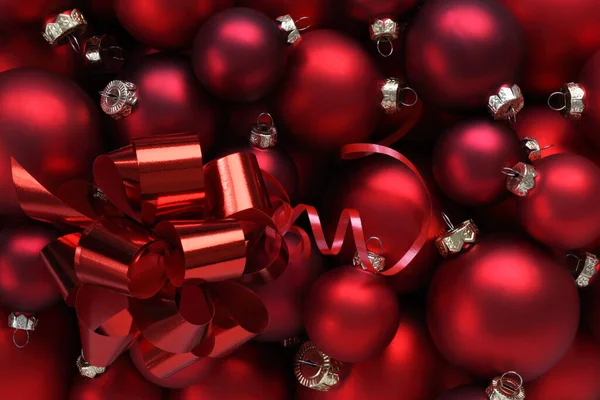 Christmas Decorations Top View Pile Glass Balls Colored Red Ribbon — Stock Photo, Image