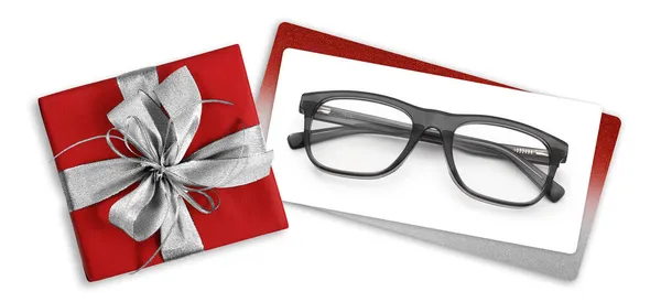 Carta Regalo Natale Bicchieri Scatola Rossa Con Fiocco Scintillante Nastro — Foto Stock