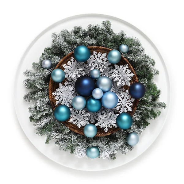 Merry Christmas Decoration Green Wreath Garland Pine Cones Snowflakes Basket — Stock Photo, Image