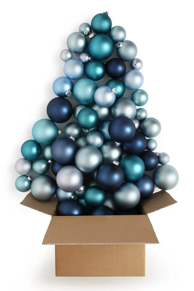 Veselý Vánoční Koncept Kartonová Krabička Modrými Tyrkysovými Kuličkami Tvořícími Vánoční — Stock fotografie
