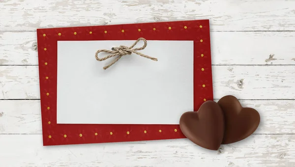 Valentines Day Gift Card Heart Shaped Chocolates Cord String Bow — Fotografia de Stock