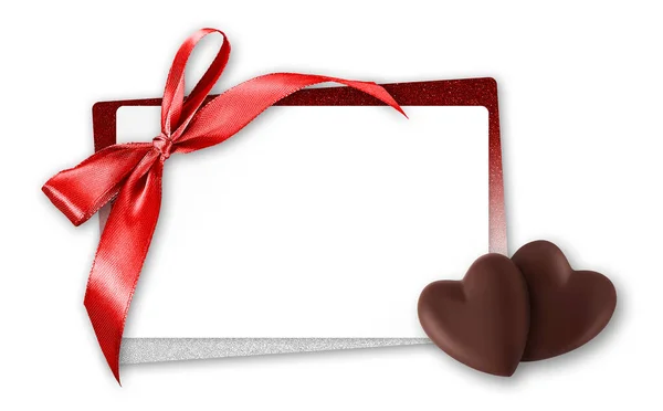 Valentines Day Gift Card Heart Shaped Chocolates Red Shiny Ribbon — Stock Photo, Image