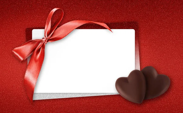 Valentines Day Gift Card Heart Shaped Chocolates Red Shiny Ribbon — 图库照片