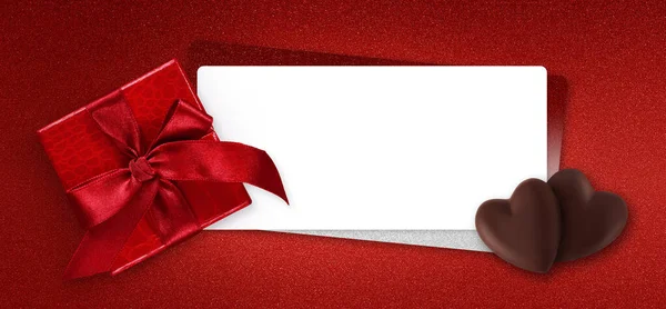 Valentines Day Gift Card Red Box Red Shiny Ribbon Bow — Stockfoto