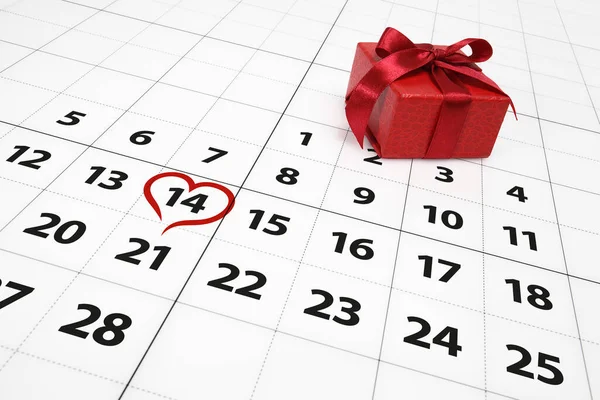 Valentines Έννοια Ημέρα Κοντά Στο Ημερολόγιο Κόκκινο Σχήμα Καρδιάς Σημειώνονται — Φωτογραφία Αρχείου