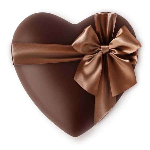 Valentines Day Heart Shaped Chocolate Wrapped Shiny Brown Ribbon Bow — Stock Photo, Image