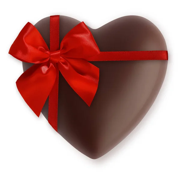 Valentines Day Heart Shaped Chocolate Wrapped Shiny Red Ribbon Bow — Stock Photo, Image