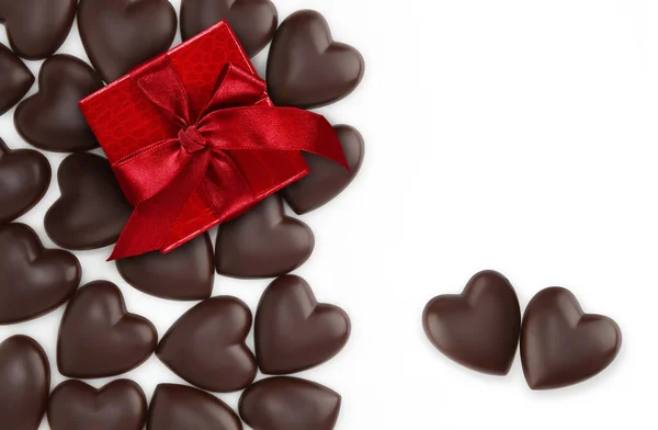 Valentines Day Heart Shaped Chocolates Wrapped Glittering Red Box Shiny — Stock Photo, Image