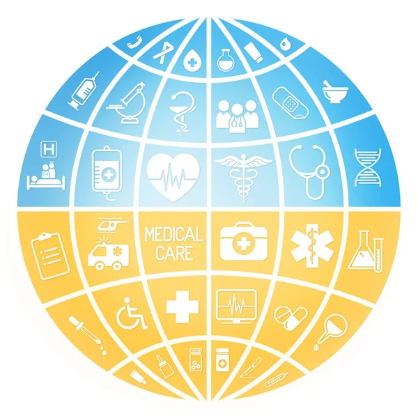 concept of medical care for Ukraine. Illustrations, symbols and icons forming a globe on the yellow and blue colors of the flag of Ukraine, humanitarian and medical aid to wounded and refugees