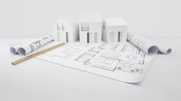 带有测量和绘图工具的大理石样品和瓷砖 设计图上有模型房 室内设计 装饰材料店 浴室和地板的规划 销售和安装 — 图库视频影像