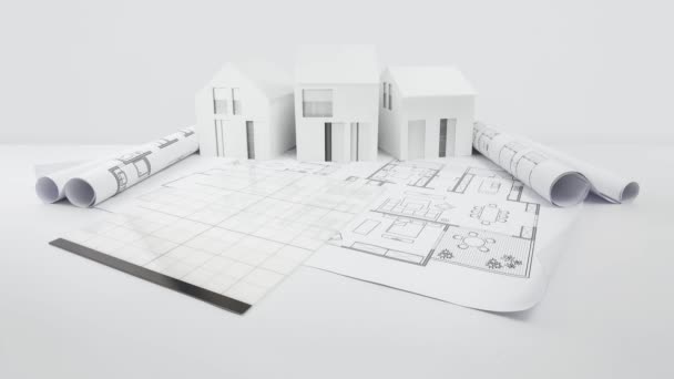 Architectural Model Houses Blueprint Measurement Drawing Technical Tools Desk Building — Stock Video