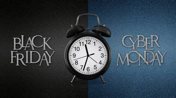 Reloj Despertador Con Texto Viernes Negro Lunes Cibernético Aislado Sobre — Foto de Stock