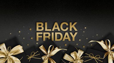 Kara Cuma metni ve altın kurdele yaylı hediye kutusu siyah parıldayan yıldızların arka planına izole edilmiş bilet hediye kartı, satılık reklam pankartı ve alışveriş için. Broşür veya etiket şablonu