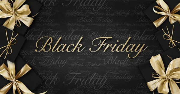Black Friday Text Black Wrapped Gift Box Golden Ribbon Bow — Fotografia de Stock