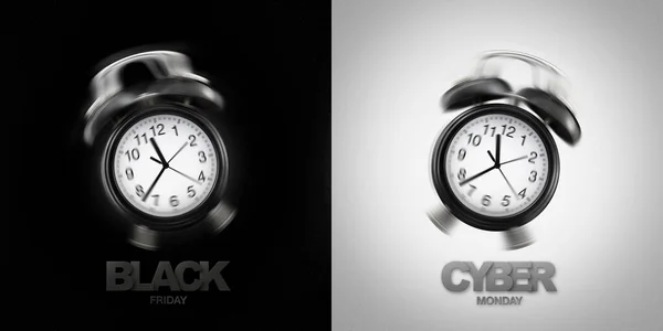 ringing alarm clock with black Friday and cyber Monday text isolated on white black background, for ticket gift card or advertising banner, time for sale, shopping and saving. Template with copy space