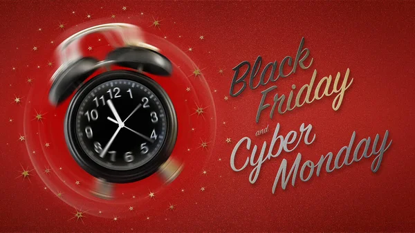 Ringing Alarm Clock Black Friday Cyber Monday Text Isolated Red — Stock Photo, Image