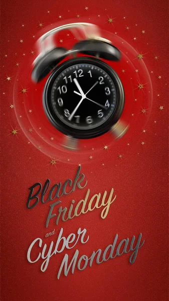 ringing alarm clock with black Friday and cyber Monday text isolated on red sparkle background with stars, ticket gift card or advertising banner, time for sale, shopping and saving. Flyer template