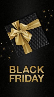 Kara Cuma metni ve altın kurdele yaylı hediye kutusu siyah parıldayan yıldızların arka planına izole edilmiş bilet hediye kartı, satılık reklam pankartı ve alışveriş için. Broşür veya etiket şablonu