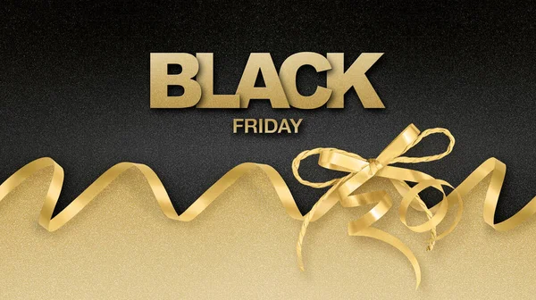 Black Friday Text Golden Shiny Ribbon Bow Isolated Black Sparkle — Stock Photo, Image