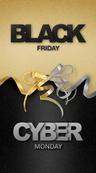 Black Friday Cyber Monday Text Gold Silver Ribbon Bow Isolated — Stock Photo, Image