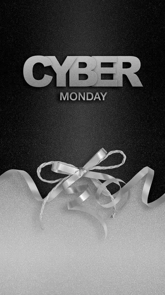 Cyber Monday Text Silver Shiny Ribbon Bow Isolated Black Silver — Stock Photo, Image