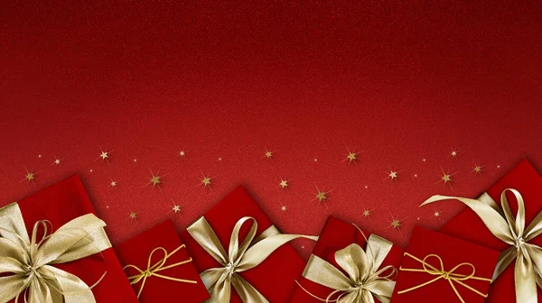 Frohe Weihnachten Geschenkbox Mit Goldener Schleife Auf Rotem Glitzerhintergrund Mit — Stockfoto