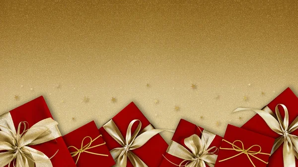 Boldog Karácsonyt Piros Ajándék Doboz Arany Szalaggal Elszigetelt Arany Csillogás — Stock Fotó