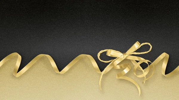 Веселое Рождество Открытка Ярким Блестящим Бантом Ленты Изолированы Черно Золотом — стоковое фото