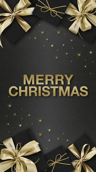 Merry Christmas Text Gift Box Shiny Golden Ribbon Bow Isolated — Stock Photo, Image