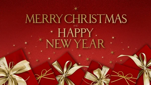 Merry Christmas Happy New Year Text Gift Box Shiny Golden — Stock Photo, Image