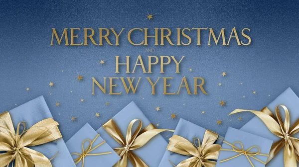 Merry Christmas Happy New Year Text Gift Box Shiny Golden — Stock Photo, Image