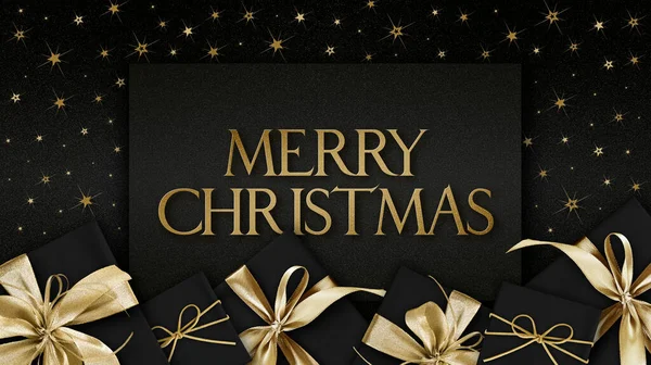 Merry Christmas Text Gift Box Shiny Golden Ribbon Bow Isolated — Stock Photo, Image