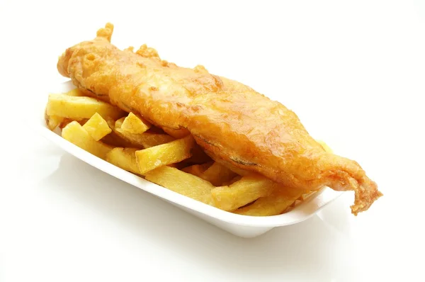 Traditional English fish and chips on retail tray — Stock Photo, Image