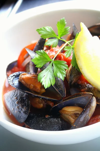 Mussels in red wine & tomato — Stock Photo, Image