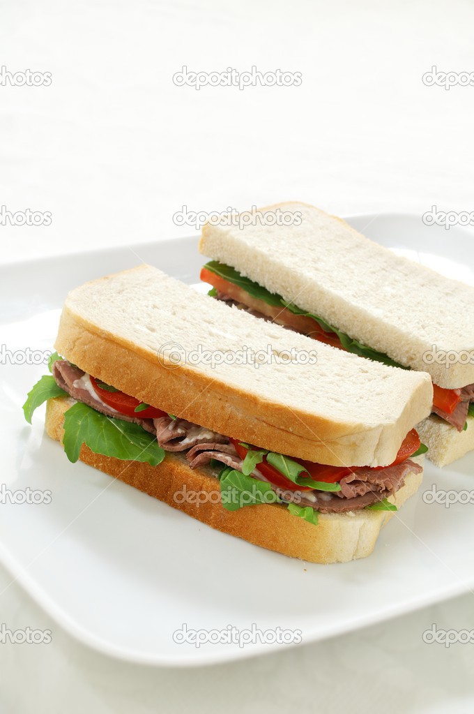 Cut beef and horse raddish sandwich on white plate