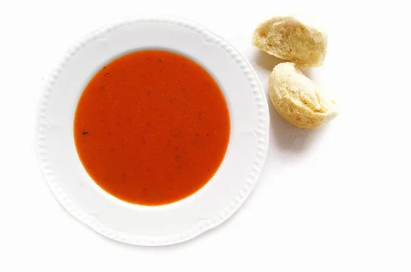 Tomato and basil soup with crusty roll — Stock Photo, Image
