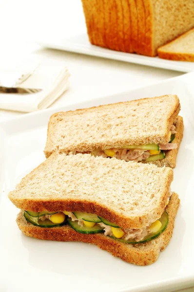 Tuna and sweetcorn sandwich on sliced brown bread — Stock Photo, Image