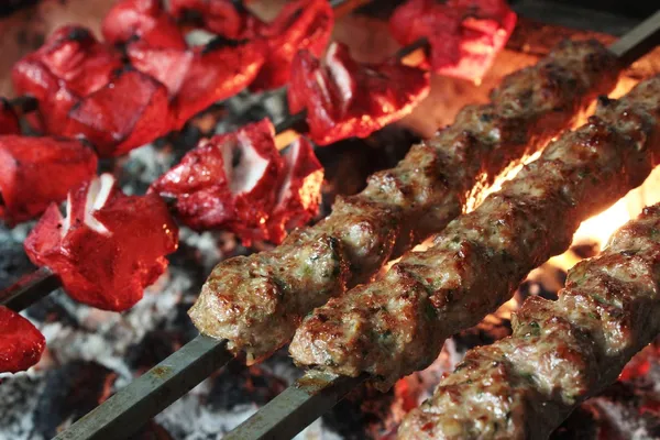 Indian chicken tikka and kofte kofta shish kebabs on barbecue — Stock Photo, Image