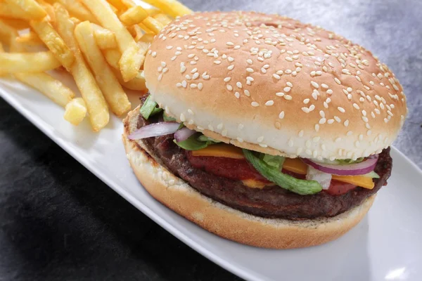 Burger z frytkami z wołowiny — Zdjęcie stockowe
