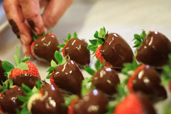 Chef-kok maken chocolade aardbeien — Stockfoto