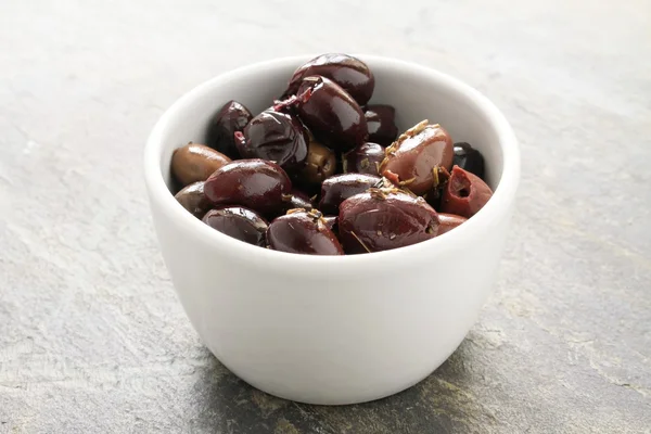 Fresh olives black green in dish — Stock Photo, Image