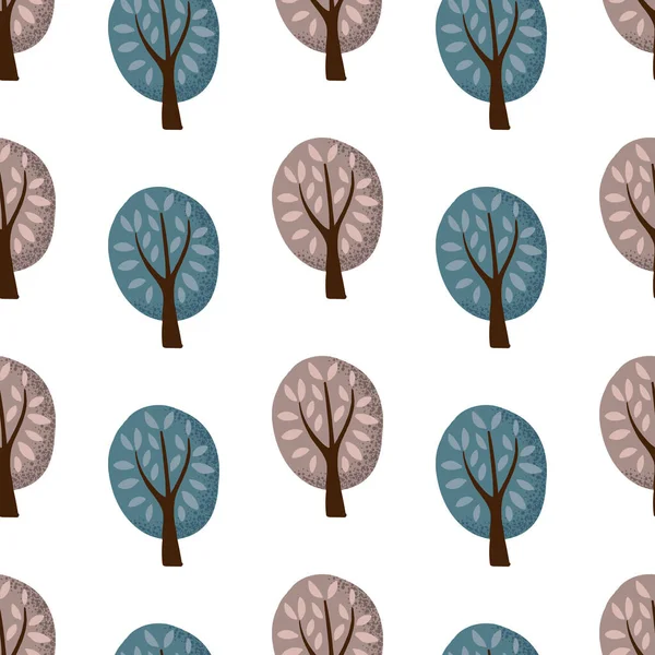 Patrón sin costura vectorial de árboles de otoño sobre un fondo azul oscuro — Vector de stock