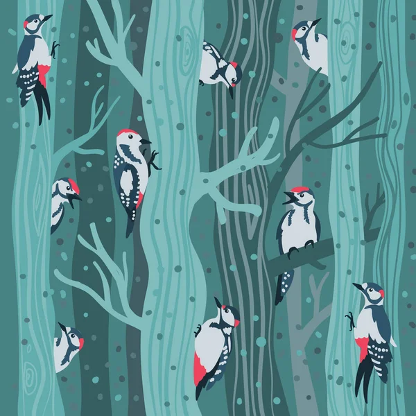 冬の森の中のキツツキのベクトルイラスト — ストックベクタ