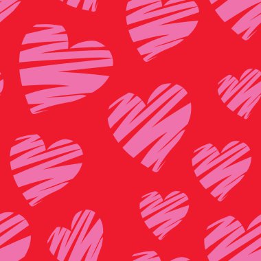 Kırmızı arka planda pembe kalplerin kusursuz deseni.