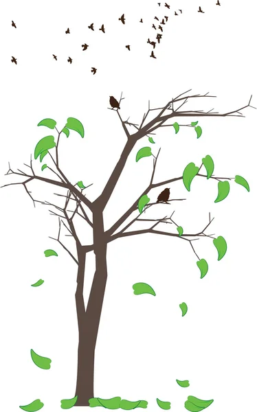 Folhas de outono de árvore abstrata com pássaros — Vetor de Stock