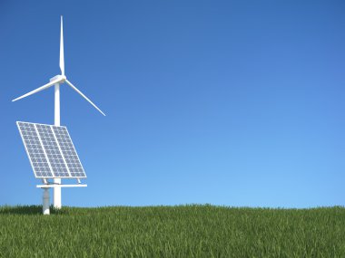 güneş paneli ve Rüzgar jeneratörü ile yeşil çimen
