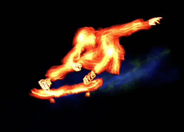 Bruciare Skateboarder Salti Nel Fuoco Fumo Illustrazione Minima — Foto Stock