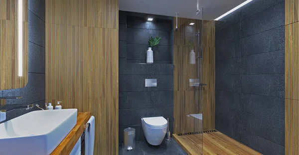 Moderni Kylpyhuone Suihkulla Puu Antrasiitti — kuvapankkivalokuva