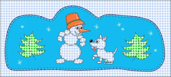 Pupazzo di neve e cane — Vettoriale Stock